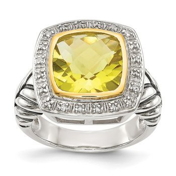 Sterling Silver w/14k Lemon Quartz & Diamond Ring