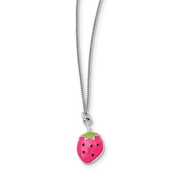 Sterling Silver Rhodium-plated Enamel Strawberry 15.75in Necklace