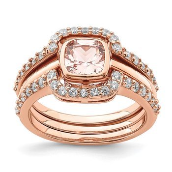Sterling Silver 3 Piece Rose-tone Pink Crystal & CZ Ring Set QR6935