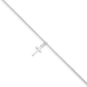 Sterling Silver 10 in Solid Polished Cross on Box Chain Anklet QG281